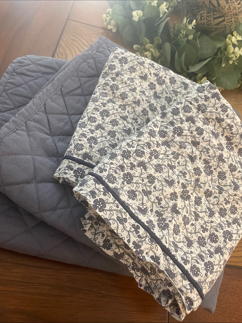 Two Blue Quilted Shams with TwoFloral-Print Shams C13